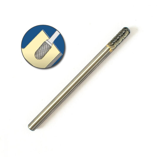 Wood shaping round end carbide burr long shown at full length with inset diagram of double cut head detail