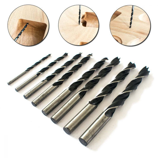 Eight wood drill bits laid out by size with application close-ups showing holes drilled in guitar wood