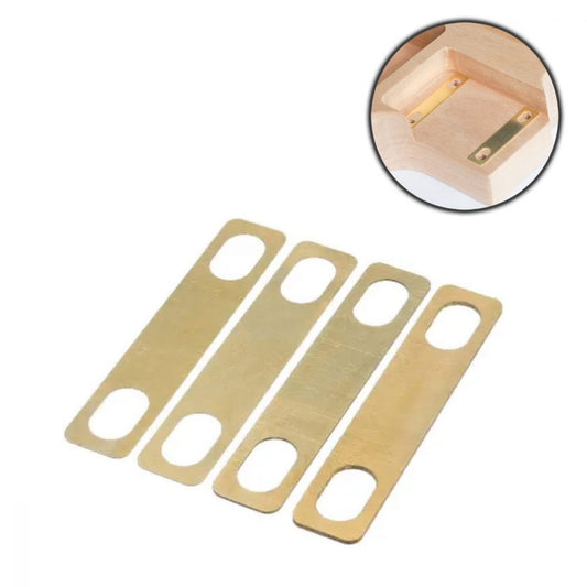 Guitar Neck Shim Set featuring four brass shims of varying thicknesses arranged in diagonal layout against white background.