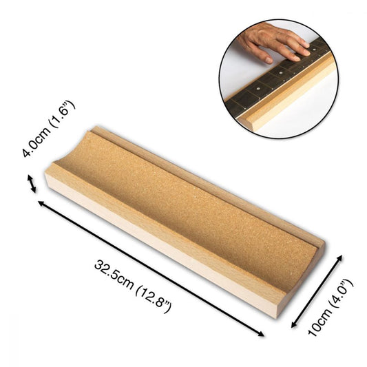 Guitar Neck Rest Support with dimensions and inset showing cork-lined channel for secure instrument positioning during work