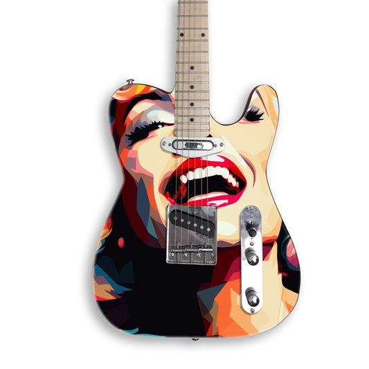 Laughing Blonde Pop Portrait guitar skin on a black Tele-style guitar