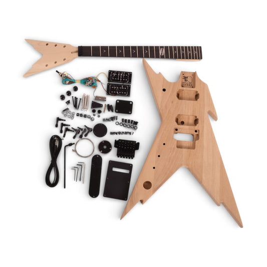 Left-handed Razorback kit flat lay with unfinished solid mahogany body, maple neck with ebony fretboard, and all components and hardware in black finish included