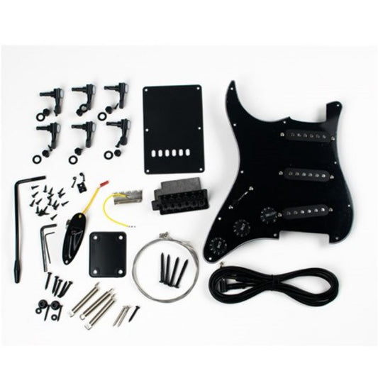 Left-Handed Strat Parts Set flat lay showing black pickguard, machine heads, pickups, electronics, hardware, and wiring.