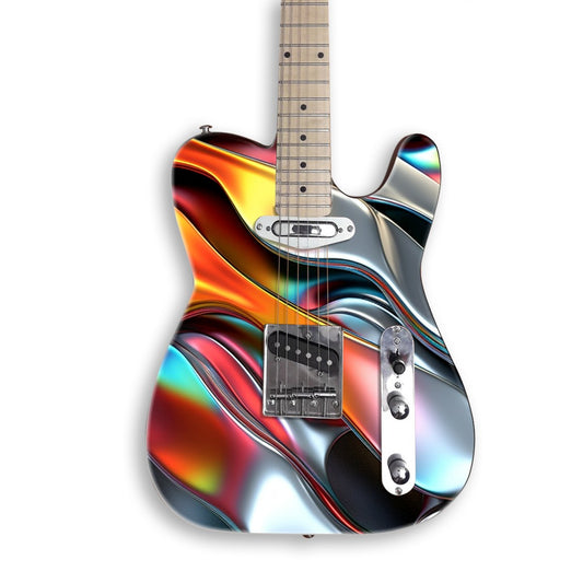 Liquid Chrome Waves guitar skin on a black Tele-style guitar
