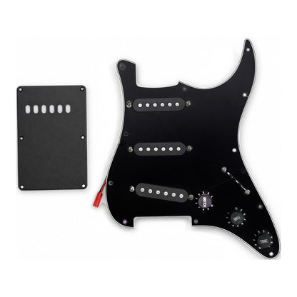 Plain black loaded ST-style pickguard with a black tremolo cover