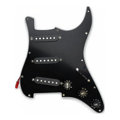 Plain black loaded ST-style pickguard with black pickups and knobs