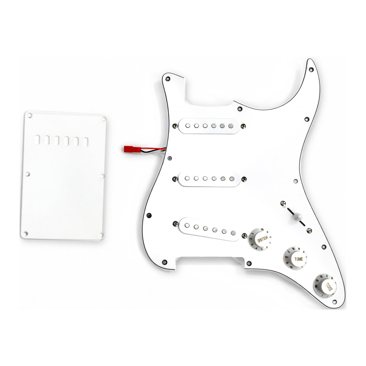 Plain white loaded ST-style pickguard with a white tremolo cover