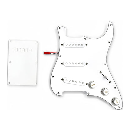 Plain white loaded ST-style pickguard with a white tremolo cover