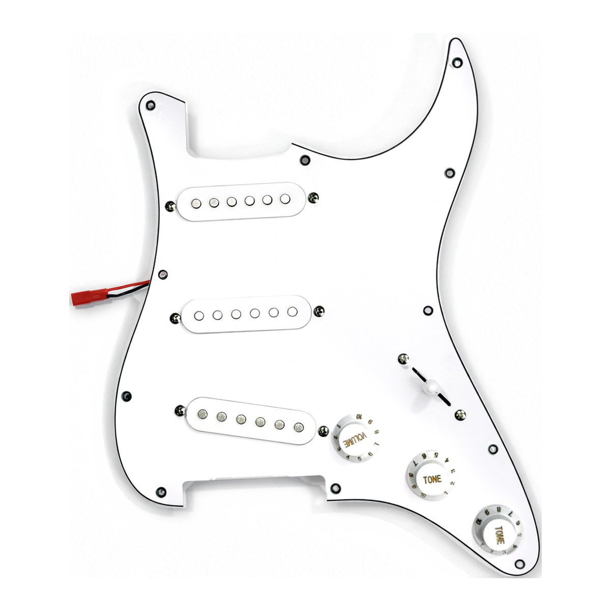 Plain white loaded ST-style pickguard with white pickups and knobs