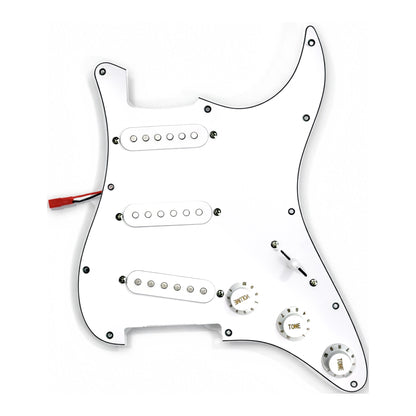 Plain white loaded ST-style pickguard with white pickups and knobs