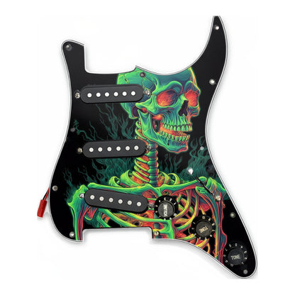 Loaded ST-style pickguard printed with a skull artwork, black pickups and knobs