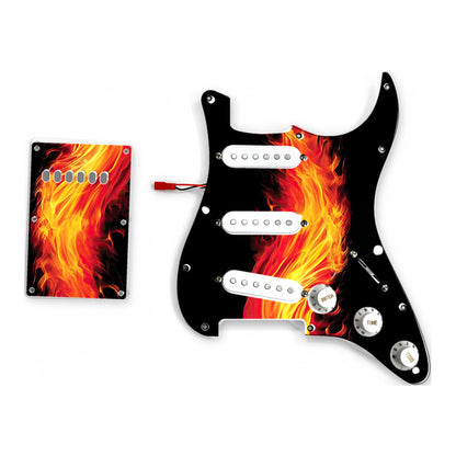 Loaded ST-style pickguard and matching tremolo cover, flame artwork, white pickups