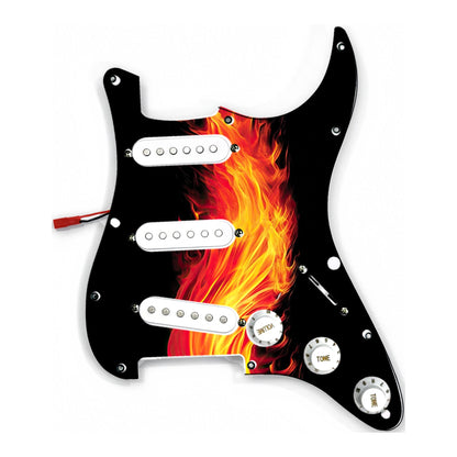 Loaded ST-style pickguard printed with a flame artwork, white pickups and knobs
