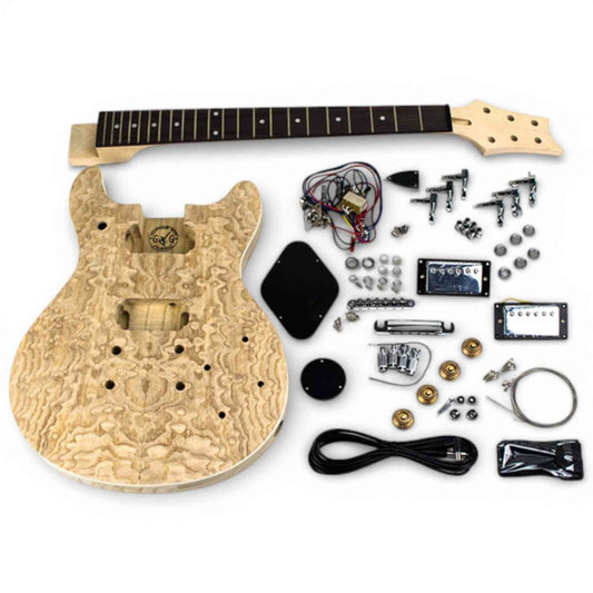Double cut ash burl veneer guitar kit with all components laid flat including body, neck, electronics, and hardware