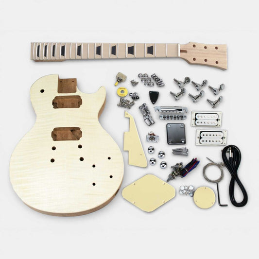 DIY Electric Guitar Kit single cut unassembled parts laid flat showing white body, neck, and hardware components