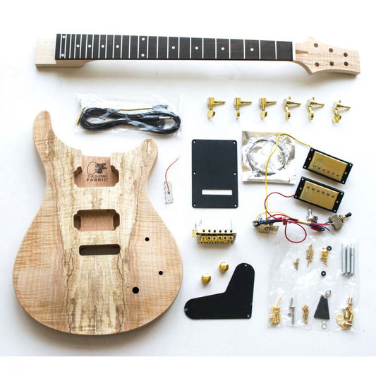 PR Tremolo Guitar Kit flatlay showing spalted maple body, maple neck, gold hardware, pickups, electronics, and all components