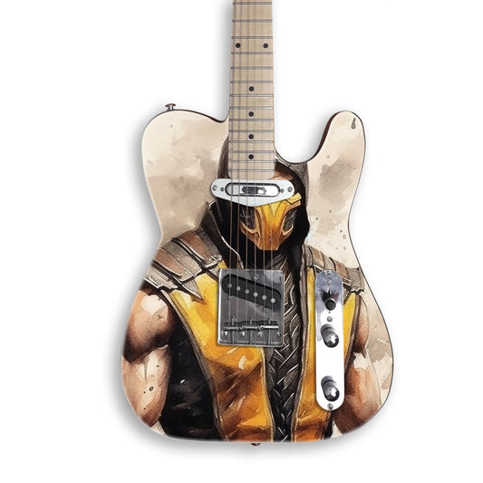 Masked Ninja Watercolour guitar skin on a black Tele-style guitar