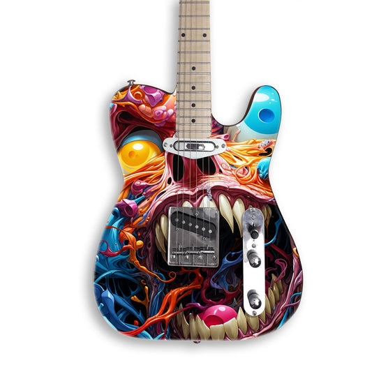 Melting Candy Monster guitar skin on a black Tele-style guitar