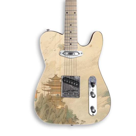 Moonlit Mountain Pagoda guitar skin on a black Tele-style guitar