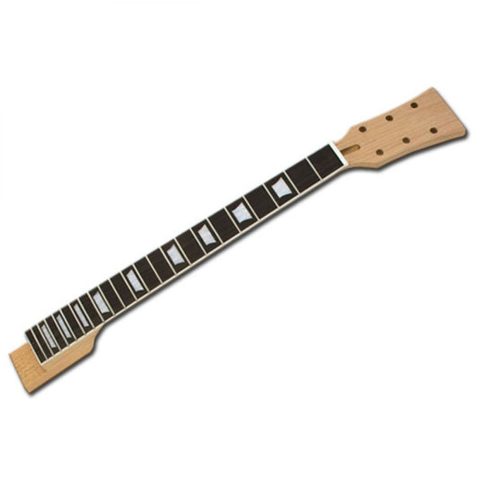 Left-handed ES335 guitar neck with rosewood fretboard, white trapeze inlays, and maple headstock shown full length