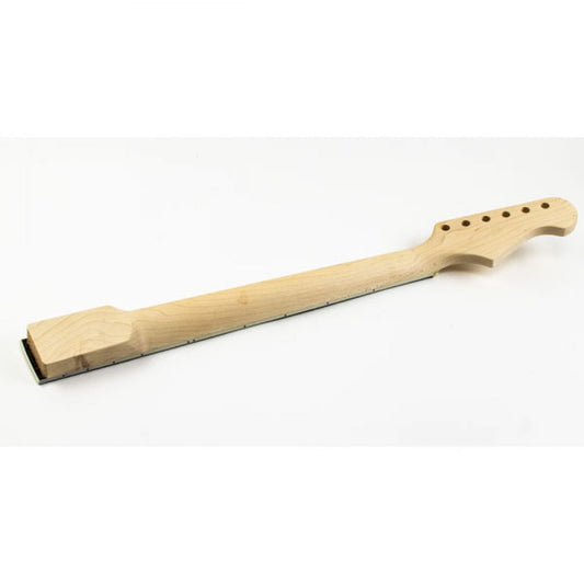 Firebird style guitar neck with Canadian maple body viewed from rear three-quarter angle showing unfinished wood