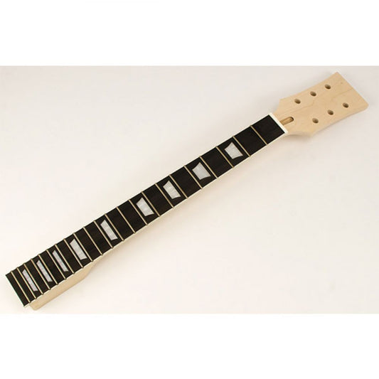 LP-style guitar neck angled top view showing rosewood fretboard with white trapeze inlays and maple headstock tuning holes