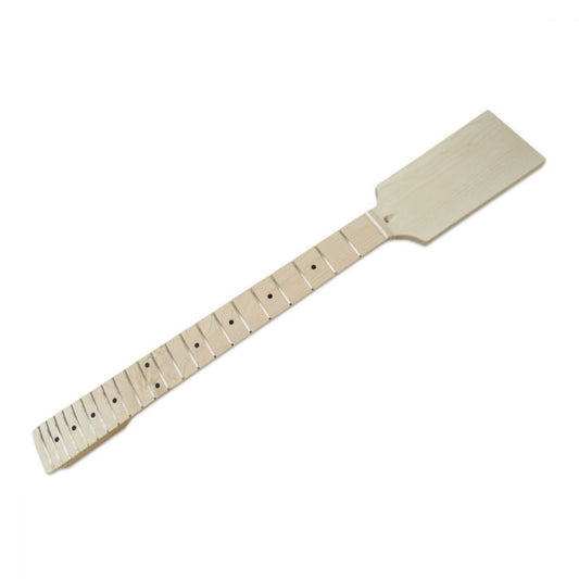 Paddle Guitar Neck Tele/Strat maple angled front view showing 22 frets and black dot inlays
