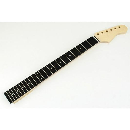 Strat guitar neck full length angled view showing maple headstock and ebony fretboard with white dot inlays