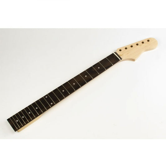 Strat guitar neck with maple headstock and rosewood fretboard, diagonal full-length view
