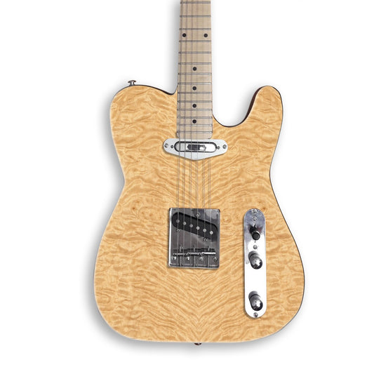 Natural Quilted Maple guitar skin on a black Tele-style guitar