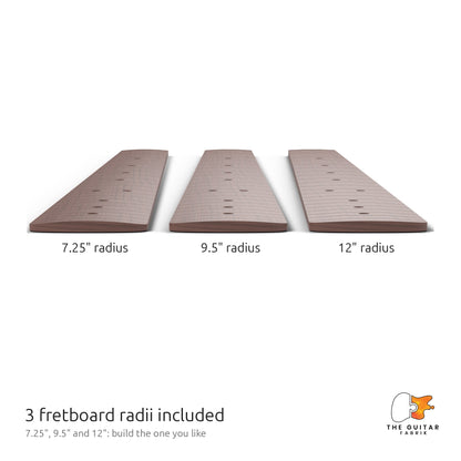 Three fretboard radii included in the neck plans: 7.25, 9.5 and 12 inch