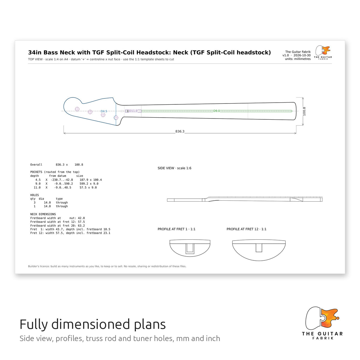 Dimensioned neck drawing with side view and profiles, TGF Split-Coil headstock
