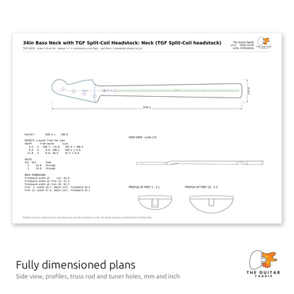 Dimensioned neck drawing with side view and profiles, TGF Split-Coil headstock