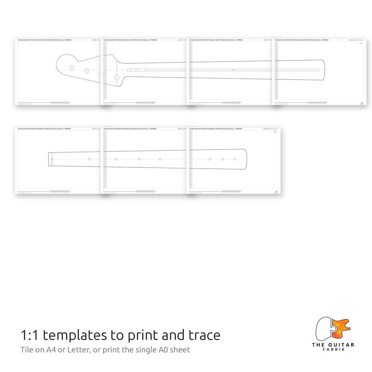 1:1 neck and fretboard templates tiled on printed sheets