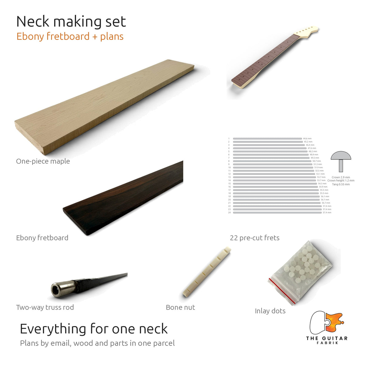 Neck making set with an ebony fretboard: maple, frets, truss rod, bone nut, dots and plans