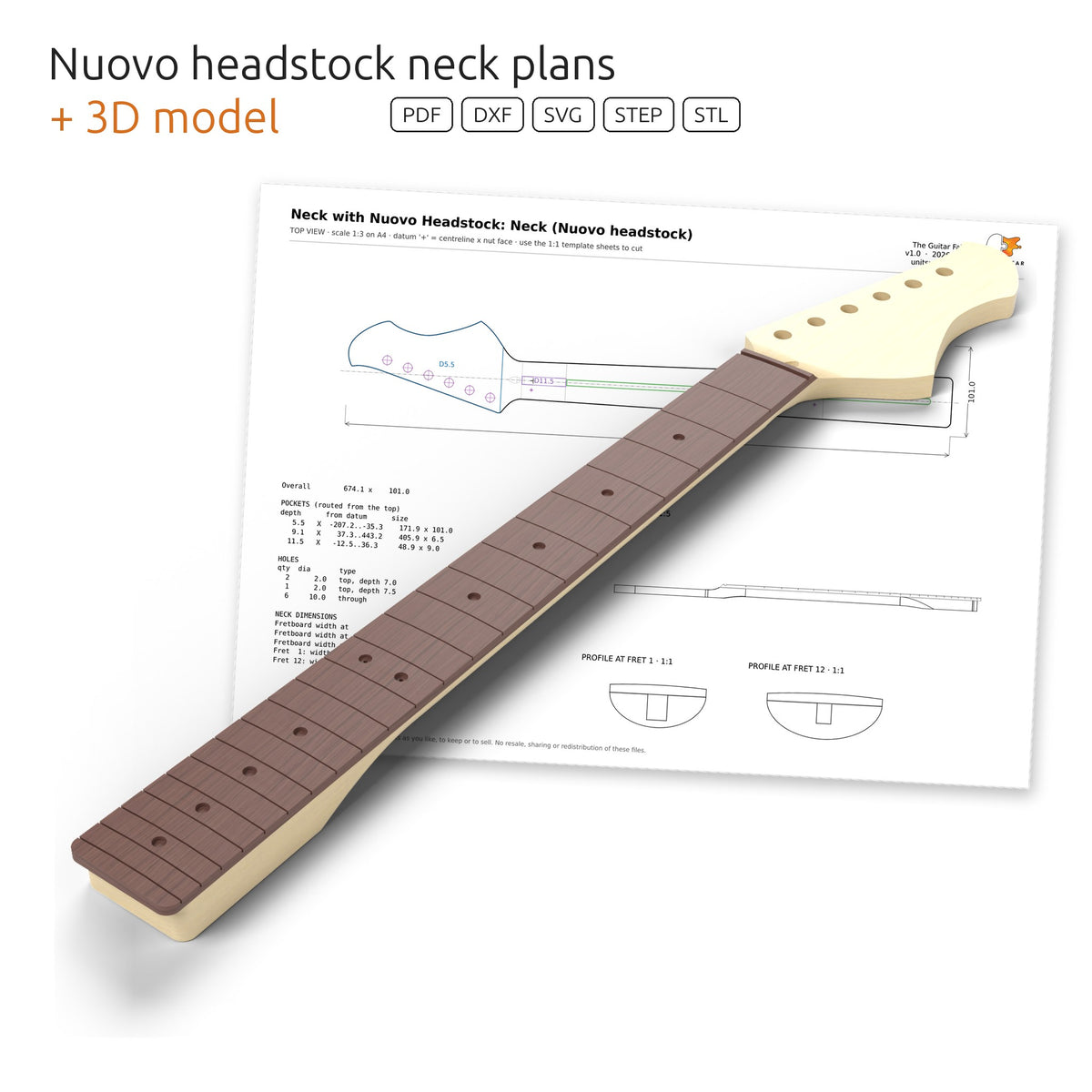 3D model of a bolt-on neck with the Nuovo headstock in front of its dimensioned plan
