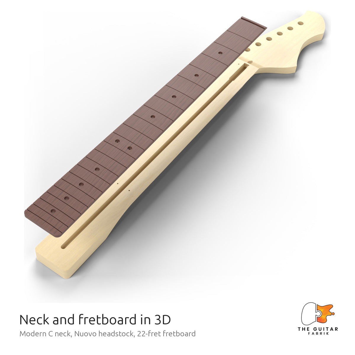 Neck with Nuovo headstock and its fretboard, exploded 3D view