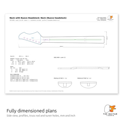 Dimensioned neck drawing with side view and profiles, Nuovo headstock