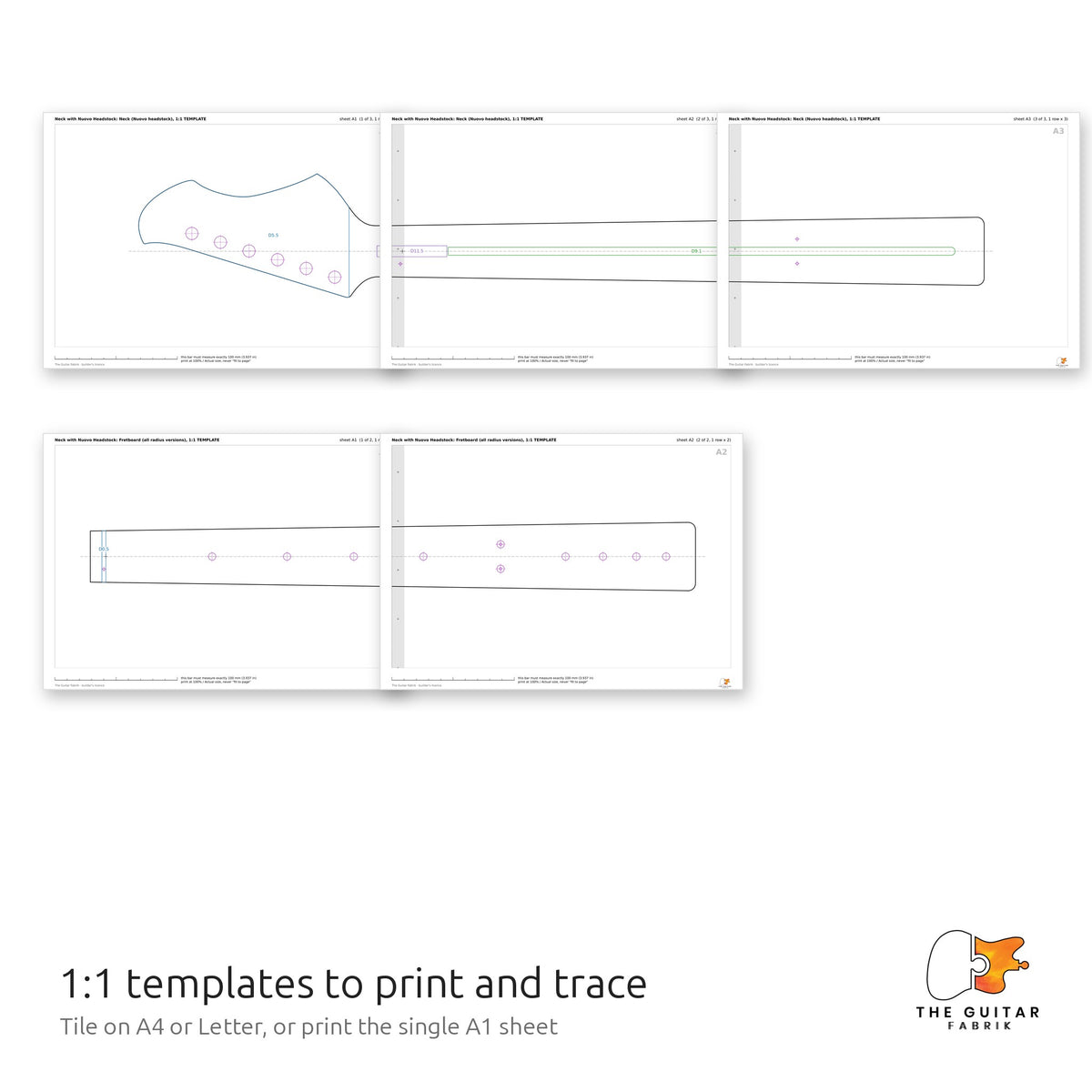 1:1 neck and fretboard templates tiled on printed sheets