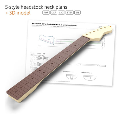 Neck plans with the S-Style headstock, included in the set