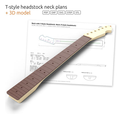 Neck plans with the T-Style headstock, included in the set