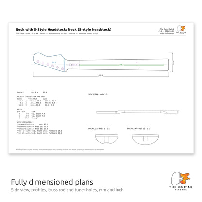 Dimensioned neck drawing with side view and profiles, S-Style headstock