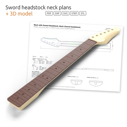 3D model of a bolt-on neck with the Sword headstock in front of its dimensioned plan