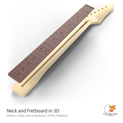 Neck with Sword headstock and its fretboard, exploded 3D view