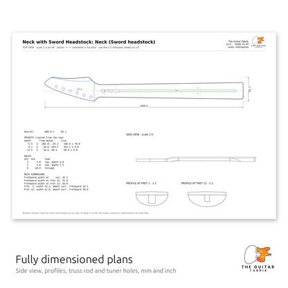 Dimensioned neck drawing with side view and profiles, Sword headstock