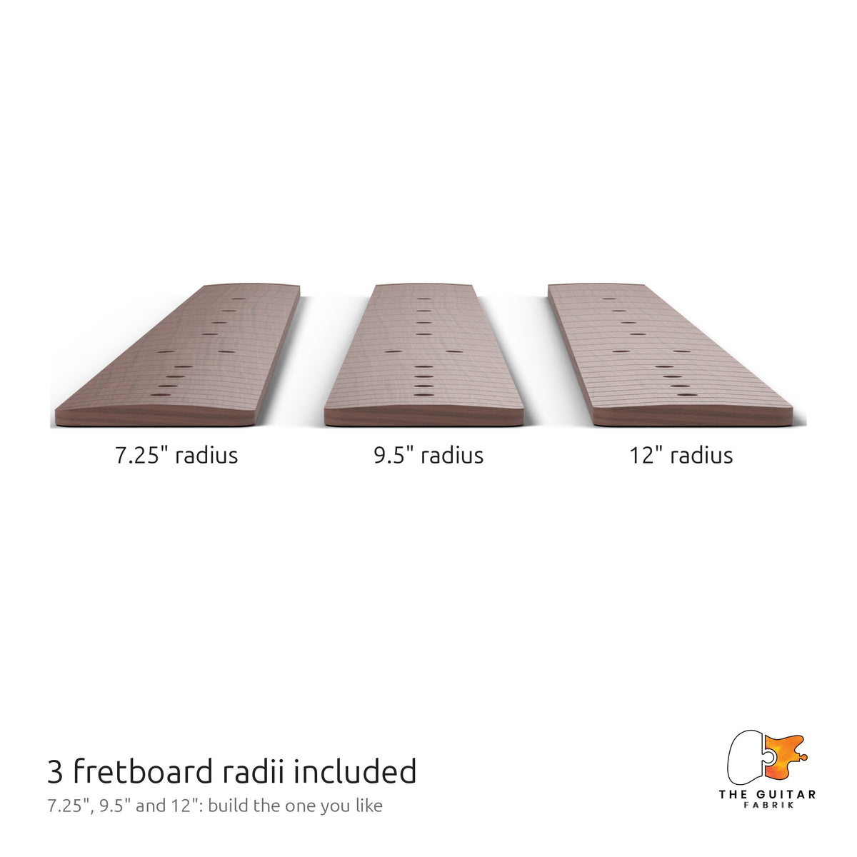 Three fretboard radii included in the neck plans: 7.25, 9.5 and 12 inch