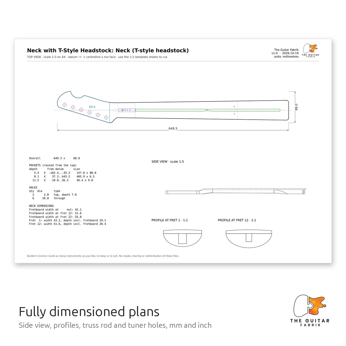 Dimensioned neck drawing with side view and profiles, T-Style headstock