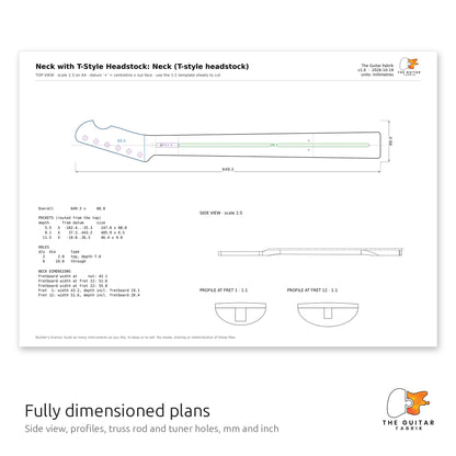 Dimensioned neck drawing with side view and profiles, T-Style headstock
