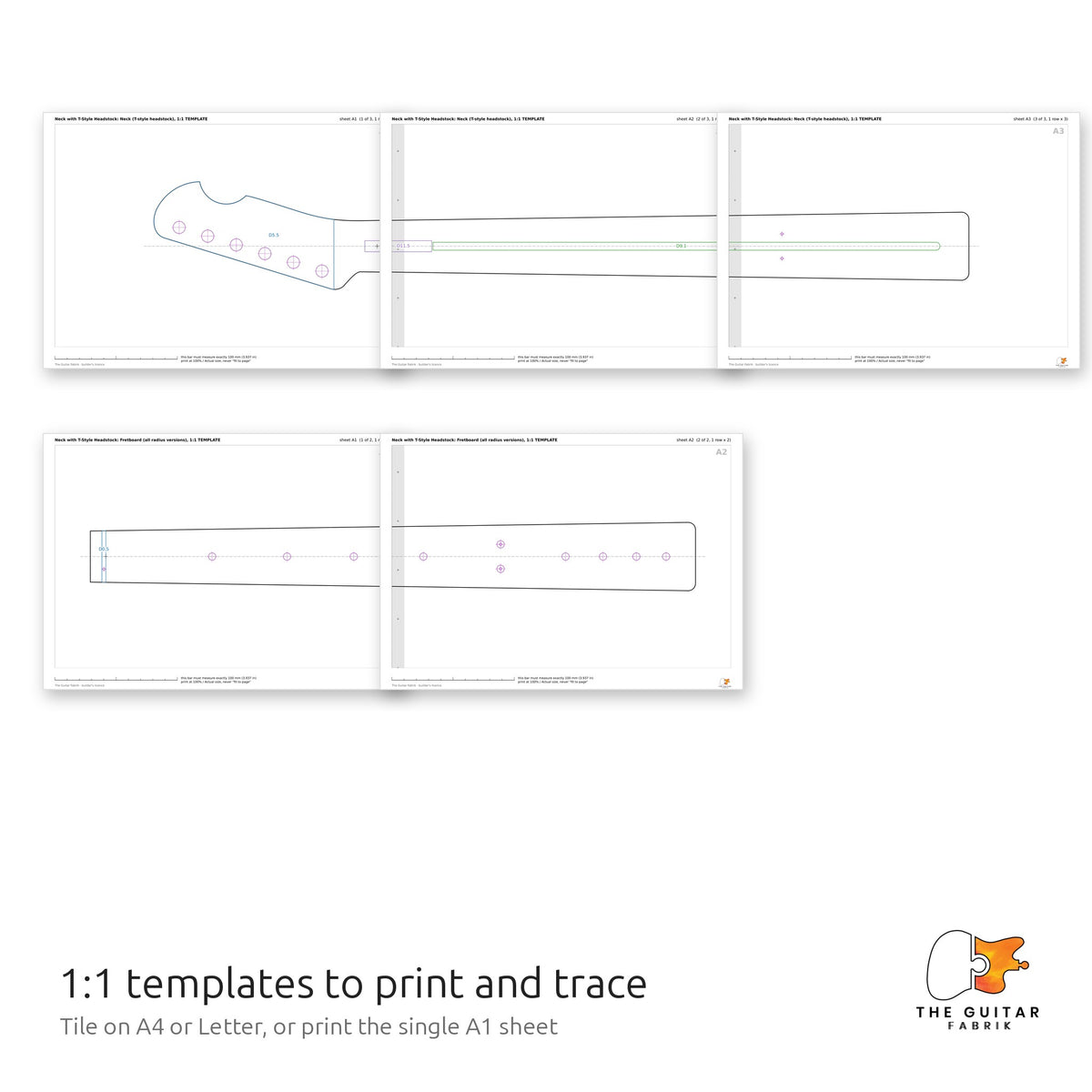 1:1 neck and fretboard templates tiled on printed sheets