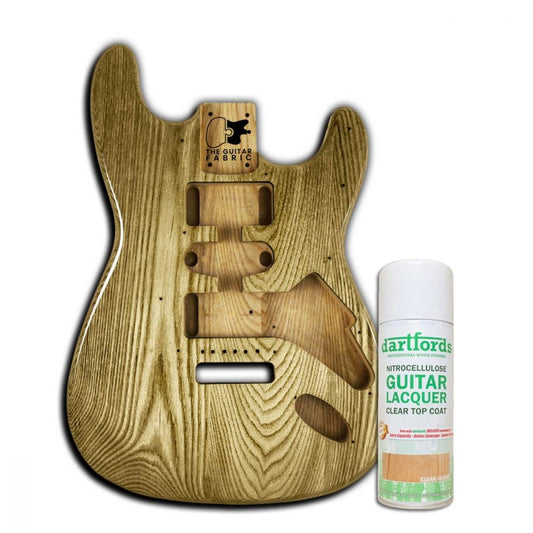 Varnish Clear Gloss Nitro Spray 400mL shown next to wooden guitar body with grain wood finish
